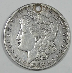 1892-CC Morgan Dollar VERY FINE Carson City Silver Dollar ~ Holed - Picture 1 of 4