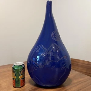Hilltop Artists Tacoma, WA Blue Glass Teardrop Vase Sculpture - Wolf, Mountains - Picture 1 of 11