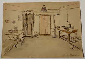 VINTAGE 1955 WATERCOLOUR PAINTING KITCHEN INTERIOR HOUSE FURNITURE SKETCH SIGNED - Picture 1 of 24