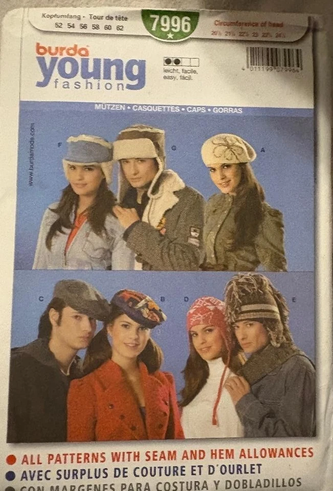 BURDA 7996 Unisex Winter Hat Pattern 7 options of hats head 20 1/2-24 1/2 Uncut - Image 1 of 1