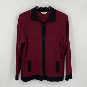 Misook cardigan sweater button wine burgundy black colorblock grid Medium - Picture 1 of 4