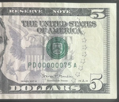 (SERIAL NUMBER 75!) $5 Very Low Two 2 Digit Fancy Serial Number PD00000075A - Image 1 of 3