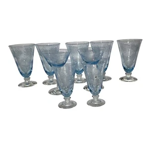 VTG Fostoria Etched Blue Champagne Iced Tea Juice Glasses Set of 9-FLAWED - Picture 1 of 3