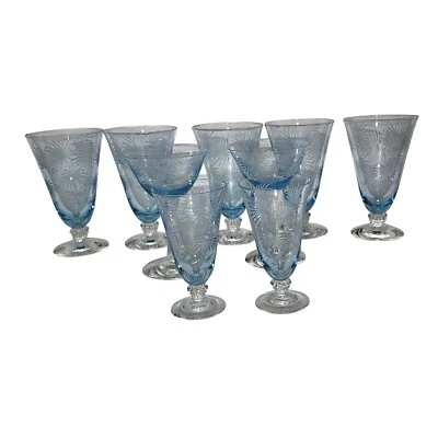 Винтажный Fostoria травленый синий шампанского льда чая сок стаканы набор из 9 дефектный - Изображение 1 из 3
