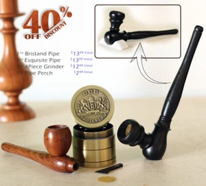 (2 pipes & Grndr) Premium Wood Hand Carved Smoking Pipes & Metal 4pt Grinder GB - Picture 1 of 15