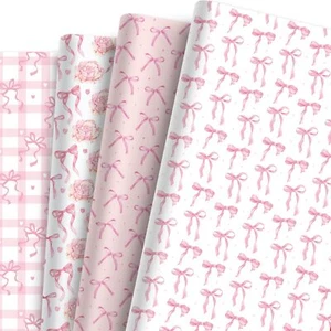 12 Sheets Pink Bow Wrapping Paper Pink Floral Plaid Heart Bow Gift Wrap Paper... - Picture 1 of 7