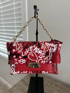 NWT Rare Michael Kors Cece Medium Red LEATHER Shoulder Bag Hearts Love Chian - Picture 1 of 14