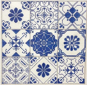 Needlepoint Handpainted Alice Peterson Blue Tile Collage 13x12 - Picture 1 of 4