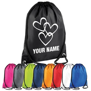 Hearts Drawstring Bag Personalised Printed Gym Bag Text School PE - Picture 1 of 10