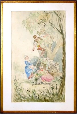 BELLES AQUARELLES R/VERSO, LA CUEILLETTES CERISES dlg WATTEAU FRAGONARD, SIGNÉE - Photo 1/4