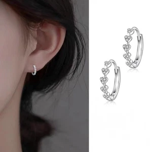 1Pair Inlaid Design Heart Hoop Earrings Sterling Silver Tiny Zircon Hoop Gifts - Photo 1/6