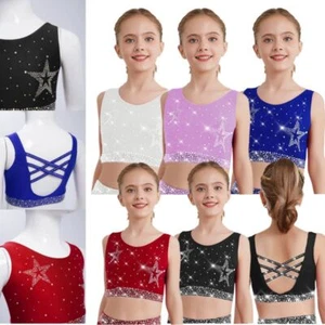 Kids Girls Shirts Jazz Crop Tops Rhinestones Vest Modern Exercise Ballet U Neck - Picture 1 of 58