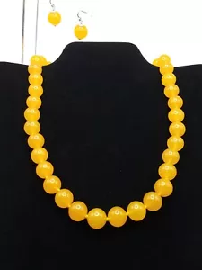 Amber Yellow Jade Bead Sterling Necklace Earrings Designer AIL Aluma USA - Picture 1 of 13