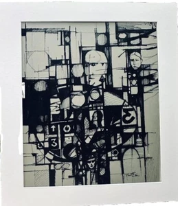 Kubismus Gemälde der Gesichter Indien Tusche Grafik Abstrakt 1960’s Signiert Newton OOAK - Bild 1 von 13