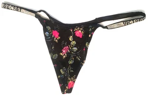 Panty Victoria's Secret Negro Floral Estrás Logo Brillo Correa Tanga en V S Sedoso - Imagen 1 de 12
