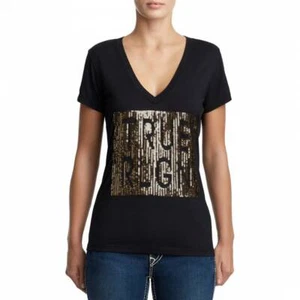 RRP £79, TRUE RELIGION Black Sequin Deep V Tee - Picture 1 of 4