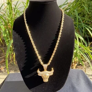 Gold Chain Rope Chain 24in 6mm and Icy Bull Pendant Set - Picture 1 of 8