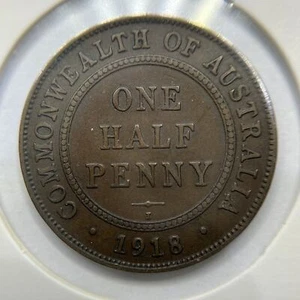 1918 Half Penny Coin - Fine or better - Scarce Date George V Predecimal - Picture 1 of 2