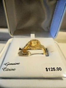 Anillo Citrino Genuino Talla 7 Halo Con Circonita Circonita Oro 18K Sobre Plata Esterlina Nuevo REGALO - Imagen 1 de 3