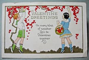 1930 "Valentine Greetings" Postcard with Children, Hearts & Verse - Picture 1 of 2