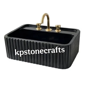 Black Marble Sink – Hand-Carved Wall Mount Sink with Ribbed Sides | Luxury Bathr - Imagen 1 de 8