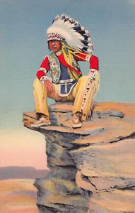 Vintage Indian Scout Native American Feather Headdress Culture Linen Postcard - Picture 1 of 2