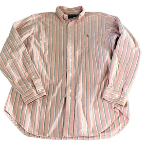 Mens Ralph Lauren Classic Fit Button Down Size Medium Striped Pink Salmon Blue - Picture 1 of 7