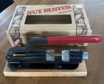 Vintage Pecan Walnut Nut Buster Heavy Duty Adjustable Metal Nutcracker Wood Base - Image 1 of 4