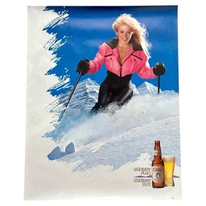 Vintage COORS BEER Poster Colorado Skiing Sexy Snow Ski Bunny Cheesecake Blonde - Afbeelding 1 van 8
