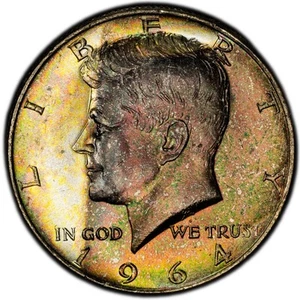 MS65 1964 50C Kennedy Silver Half Dollar, PCGS Trueview- Rainbow Toned - Picture 1 of 6