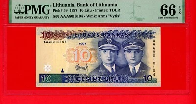 LITHUANIA  10  LITU  1997  AAA  PICK # 59  PMG 66  GEM  UNCIRCULATED EPQ. - Image 1 of 2