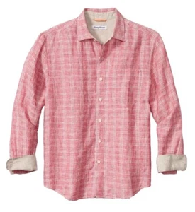Camisa de Campamento TOMMY BAHAMA Manga Larga Ventana Lino a Cuadros Rosa Carmín $148 NUEVA - Imagen 1 de 9
