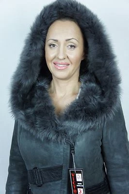Abrigo Chaqueta Capucha Piel de Oveja Gris Pizarra Cuero de Oveja Toscana Piel de Cordero XS-5XL Foto 1 de 4