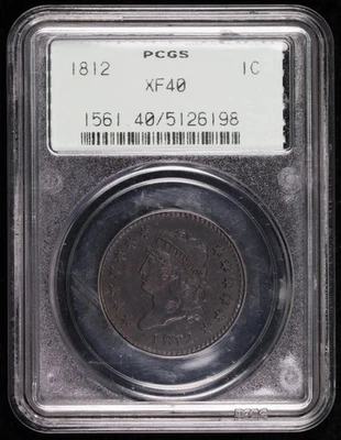 Cabeza clásica de centavos grandes 1812 P graduación profesional XF-40 BN fecha pequeña GEN 2,0 OGH Foto 1 de 4