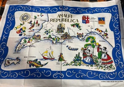 "Toalla de té vintage MAPA DE AMALFI REPUBLICA algodón azul y blanco 24x36""" Foto 1 de 4