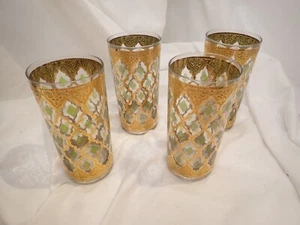 Culver Glass Valencia Tumblers 22K Gold Green HI Ball MCM Vintage 5 5/8 Set of 4 - Picture 1 of 6