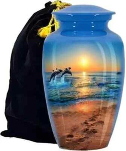 Cremation Urn 10" Memorial Footprints Dolphin Ocean For Human Ashes Adult Burial - Picture 1 of 4