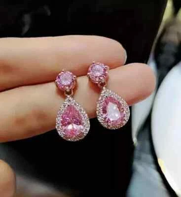 4Ct Pear Cut Lab-Created Pink Sapphire Drop Dangle Earring 14K White Gold Plated - Image 1 of 4