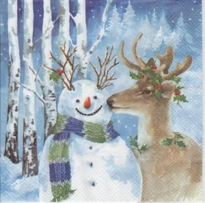3 Servietten ~ Reh küßt Schneemann Winter Weihnachten - Bild 1 von 1