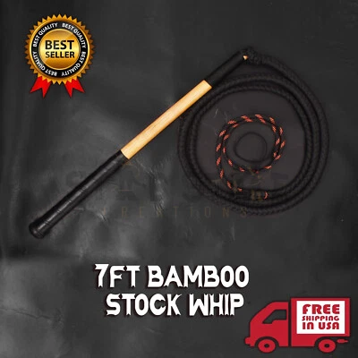 STABSTORE 7 Feet Australian Stockwhip Paracord Nylon Bullwhip with 18 Inches Bamboo Handle