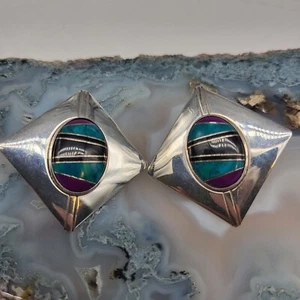 Milson Tylor Native American Hopi inlay Stone Turquoise sterling silver earrings - Picture 1 of 11