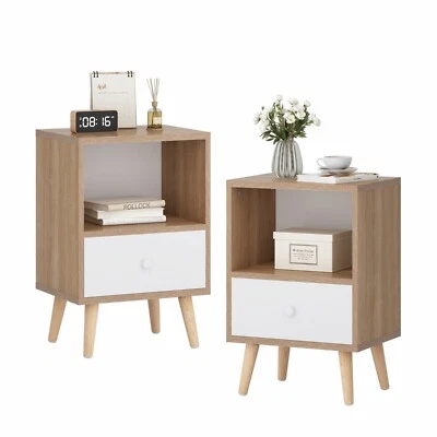 Set of 2 Nightstand 2-tier End Table with Open Shelf and Drawer for Living Room - Image 1 of 4