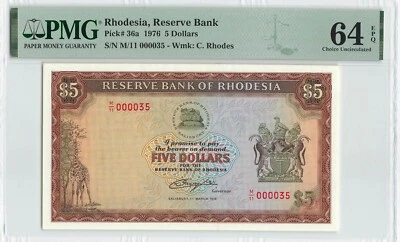 RHODESIA $5 Dollars 1976, P-36a, SERIAL NUMBER 000035!, PMG 64 EPQ Ch UNC, Rare - Image 1 of 2