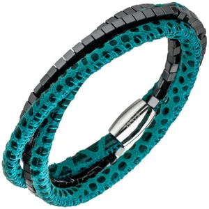 Pulsera brazalete de cuero turquesa con cubos de hematita y acero inoxidable 19cm, mujer - Imagen 1 de 1