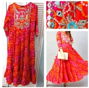 Abito donna Rytras Anarkali Kurta arancione rosa nappe vestito ricamo taglia L NUOVO - Foto 1 di 2