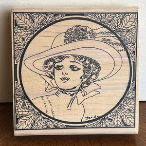 Stamp Diego Lady Victorian Hat Flower Wood Mounted Rubber Stamp 4"x4" - Picture 1 of 3