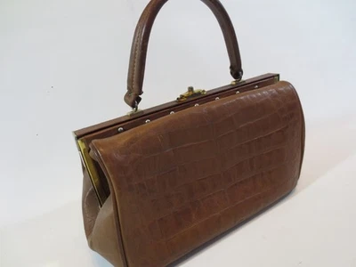 60-70er? "Arztkoffer" Tasche Handtasche Echt-Leder braun vintage Kroko-Optik/12 - Bild 1 von 4