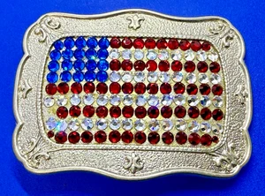 Amerikanische Flagge USA rot blau klar Strass Glitzer patriotisch gerahmt Gürtelschnalle - Bild 1 von 18