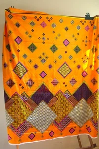 Vintage 1970s Nylon Faille Fabric Lightweight 45 X 83 Orange Wine Border Print - Picture 1 of 7