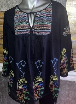 XCVI Cotton Peasant Style Embroidered Black Top Size 1X - Image 1 of 4